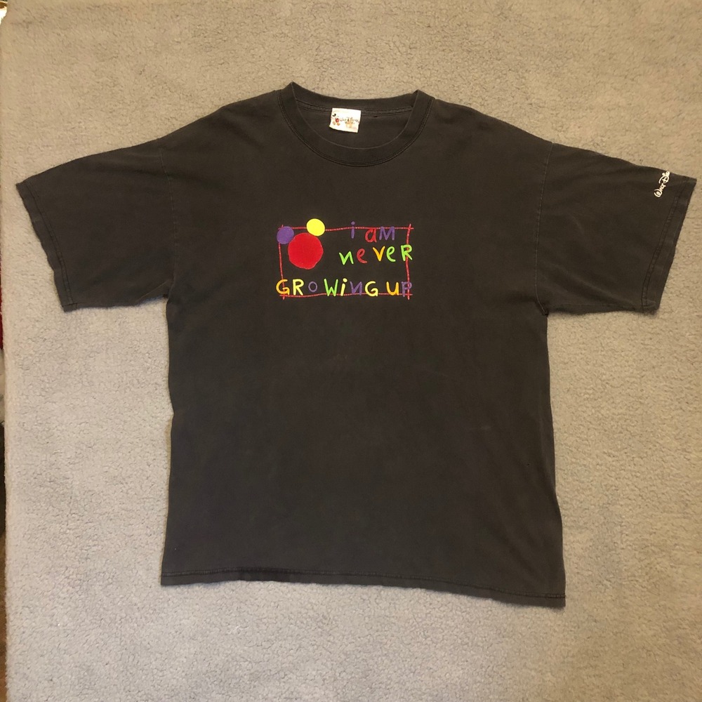 Vintage Walt Disney World Mickey‎ Mouse I Am Never Growing Up T-Shirt Black XL